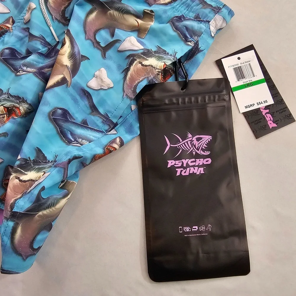 Psycho Tuna trunks swimwear mens L Large pockets PTYB0090 shark bite blue